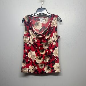 Carmen Marc Valvo Red and Cream Floral Sleeveless Blouse SIZE S
